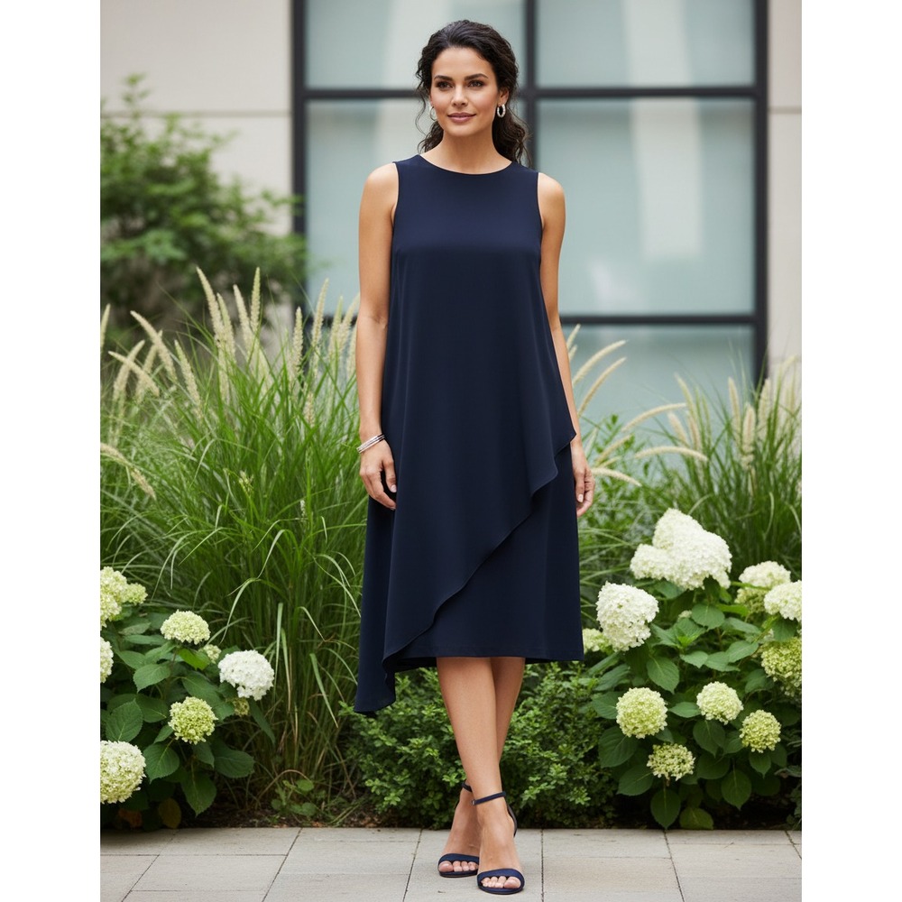 Tahari M Navy Blue Dress Layered Asymmetrical Office Siren Cocktail Glam Dressy